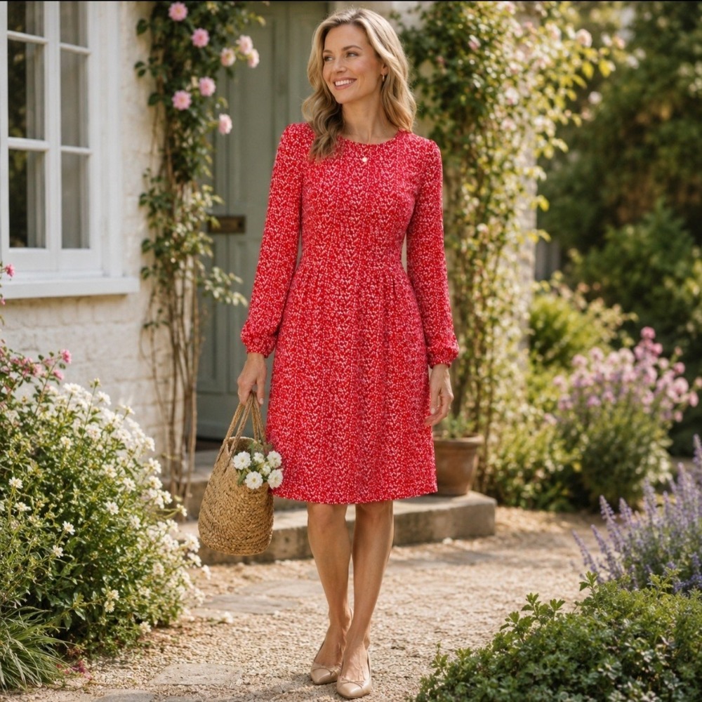 BODEN Size 6P Serena Dress Floral Cherry Red Ditsy Pop Petite Long Sleeve Midi
